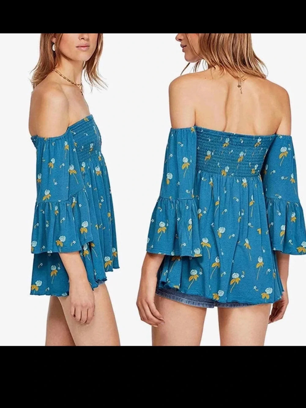 Free People Teal Blue Floral Off-Shoulder Tunic Small